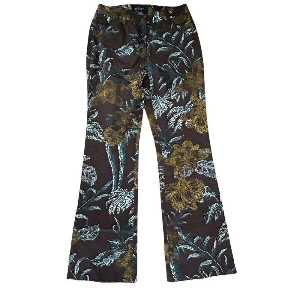 Etcetera Brown Floral Print Flare leg Pants SZ 2 Stretch